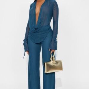 Silent Muse Cowl Neck Mesh Pant Set - Teal - M